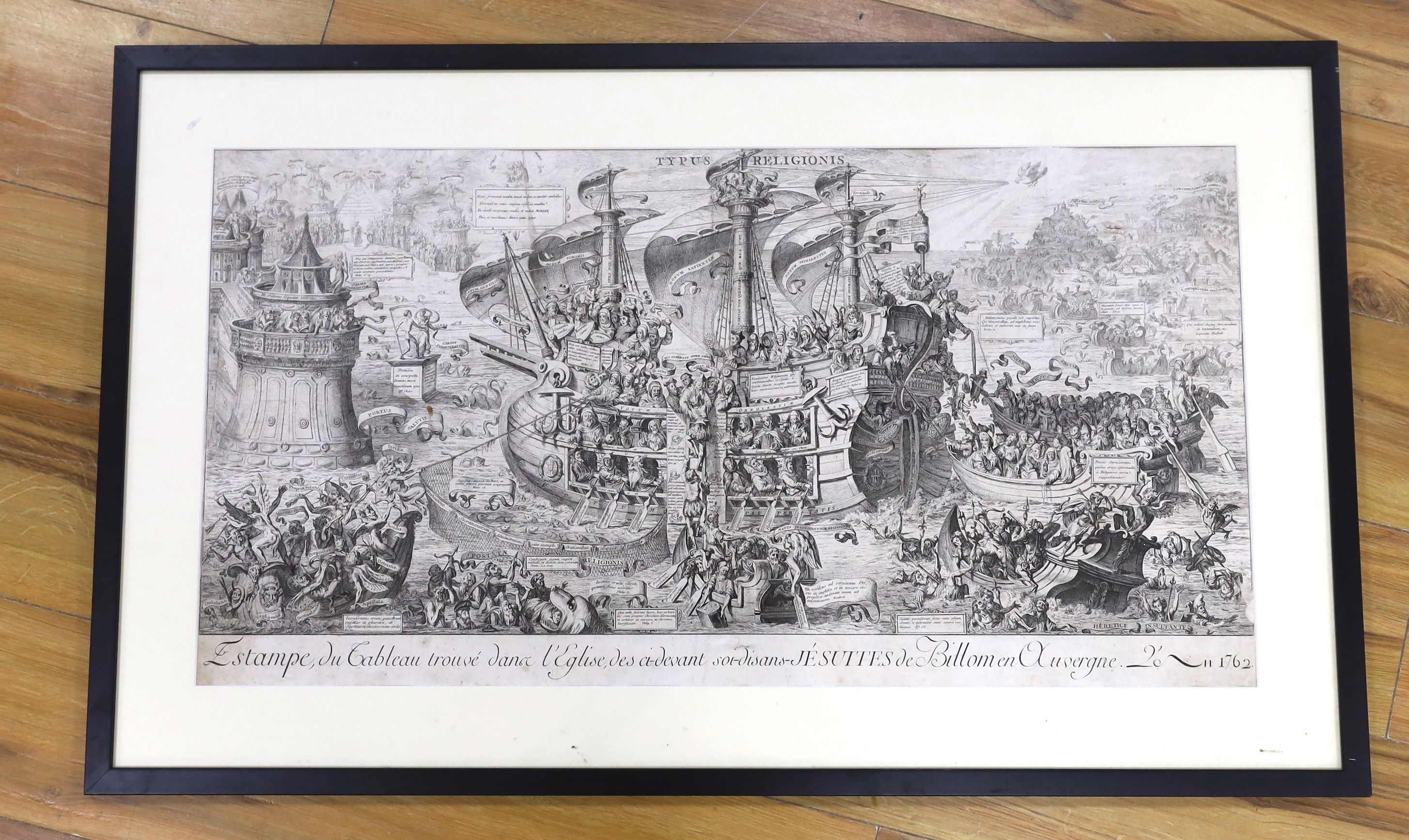 Jean Michel Moreau (1741-1814), engraving, 'Estampe, du tableau trouvé dans l’eglise, des ci-devant soi-disans-Jésuites de Billom en Auvergne, l’an 1762’, allegory on the True Faith shown as a galleon, 42 x 80cm